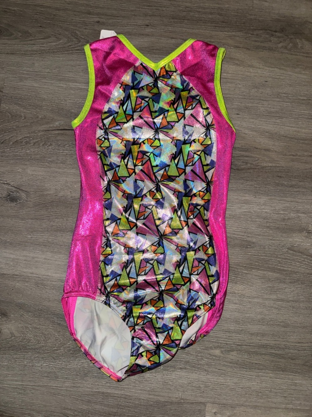 Bright Pink foil Geometric Gymnastics Leotard with Lime Trim - Picture 2 of 2